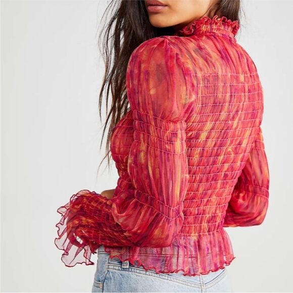 NWOT Free People Hello There Ruffled Sheer Mesh Top Red Pink Orange Abstract XS - Picture 2 of 16